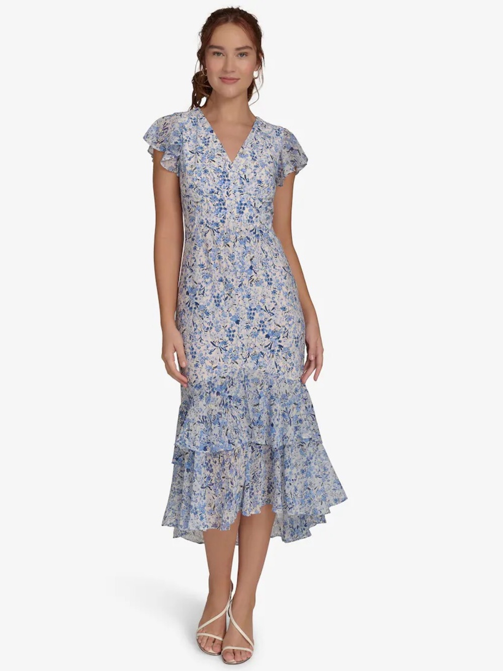 Tommy Hilfiger Blue Floral High-Low Ruffle Midi Dress